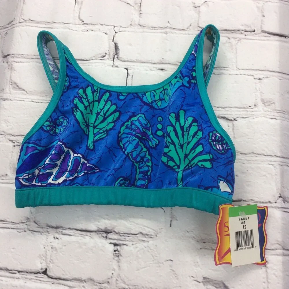Speedo Girls Bikini Swim Top Sz 12 Crop Blue & Green Ocean Beach Print Bralette